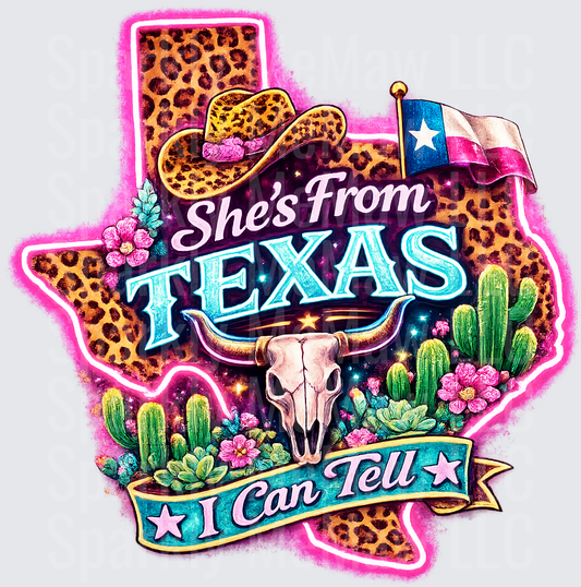She's From Texas I Can Tell Leopard Print Cowboy Hat Bull Skull Cactus Design UV DTF Decal