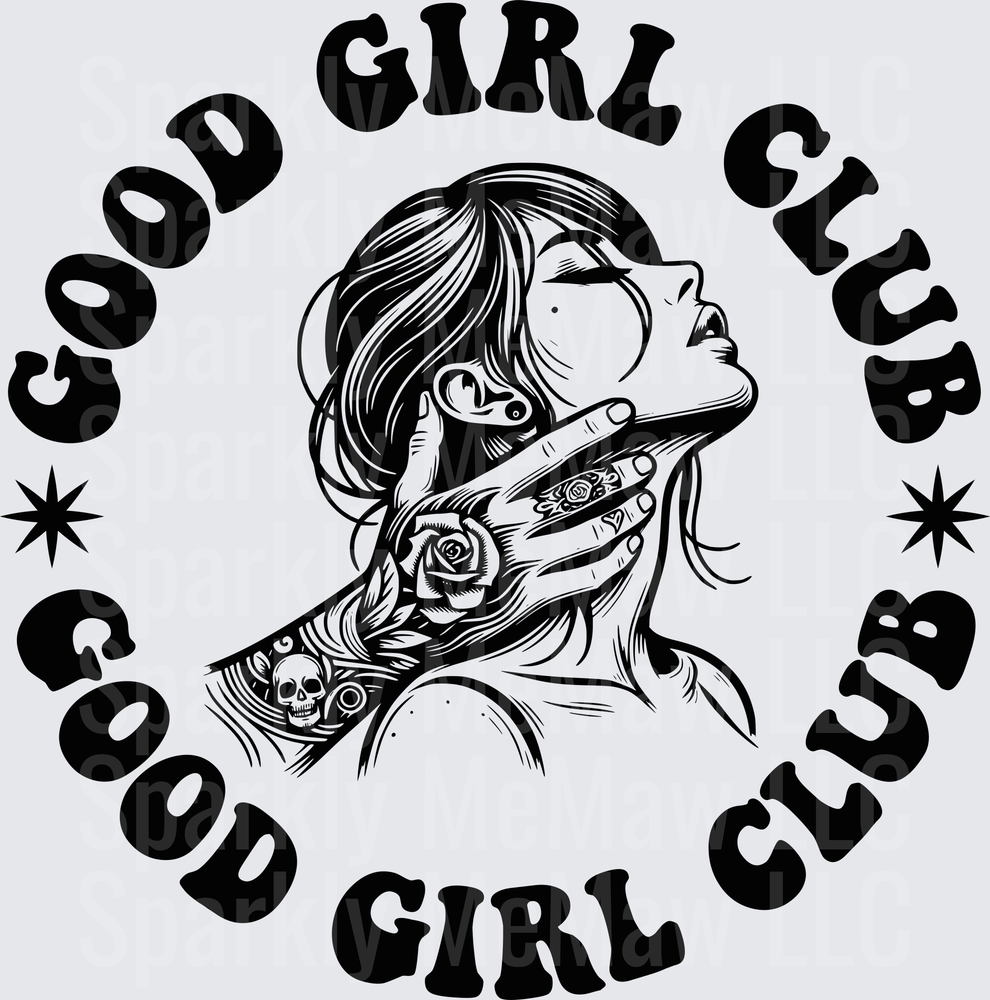 Good Girl Club Tattooed Woman with Rose and Skull Hand Tattoos DTF Transfer for Fabric
