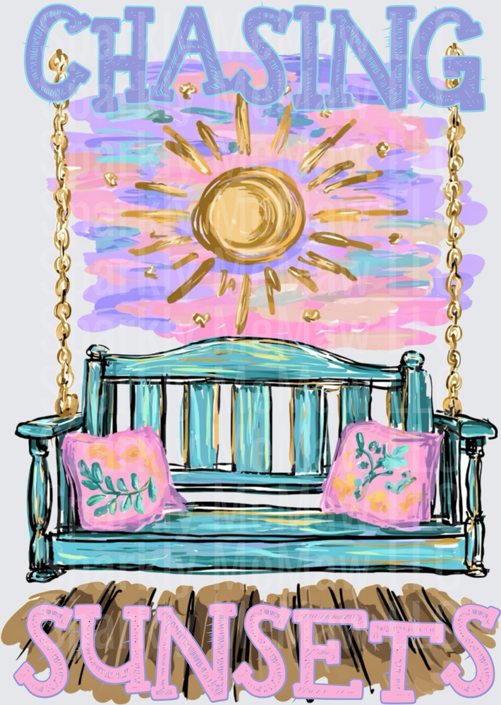 Chasing Sunsets Porch Swing with Floral Pillows and Golden Sun UV DTF Decal