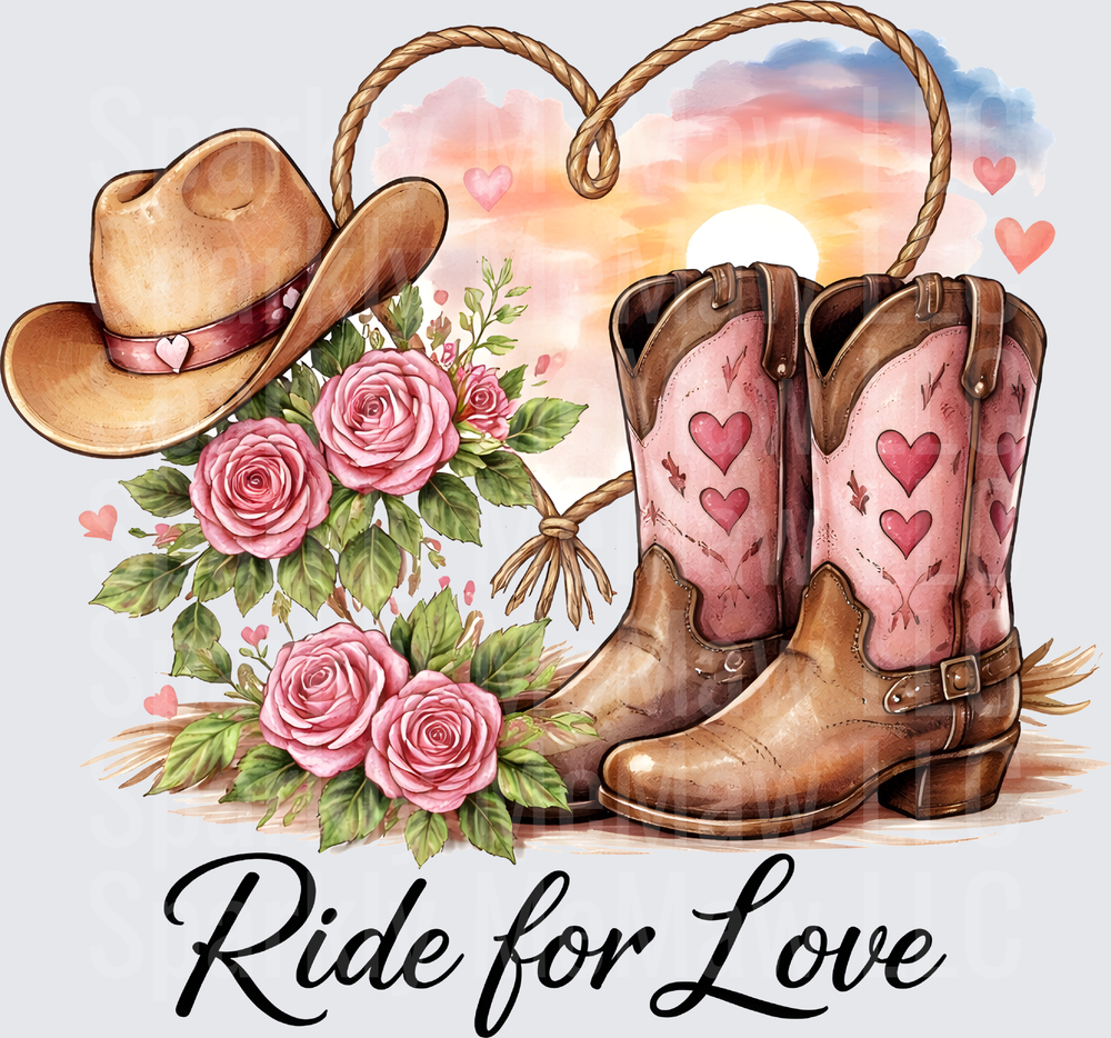 Ride for Love Western Cowboy Hat Boots Pink Roses Heart Rope UV DTF Decal