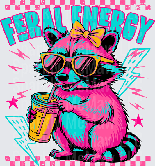 Feral Energy Retro Raccoon with Sunglasses and Drink 80s Neon Style UV DTF Decal