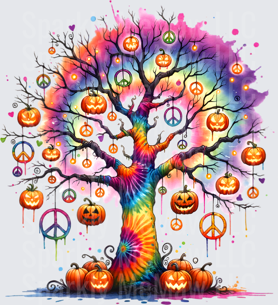 Rainbow Tie Dye Halloween Tree with Hanging Jack O Lanterns and Peace Signs DTF Transfer for Fabric