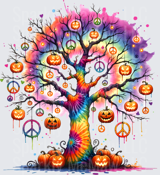 Rainbow Tie Dye Halloween Tree with Hanging Jack O Lanterns and Peace Signs DTF Transfer for Fabric