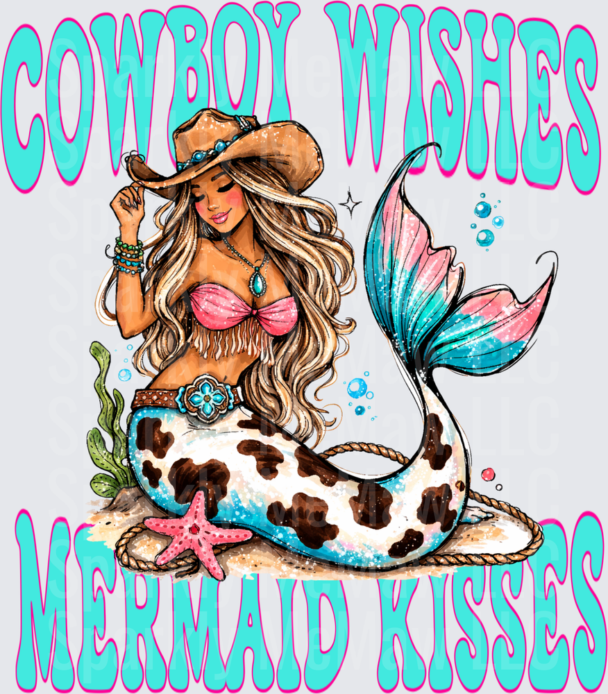 Cowboy Wishes Mermaid Kisses Western Mermaid with Cow Print Tail UV DTF Decal