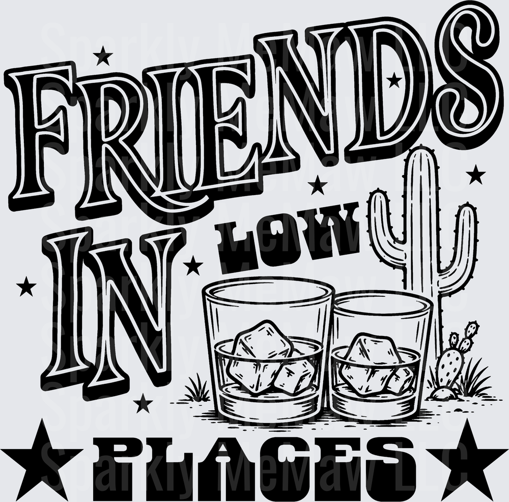Friends in Low Places Western Whiskey Glasses Cactus Desert Scene DTF Transfer for Fabric