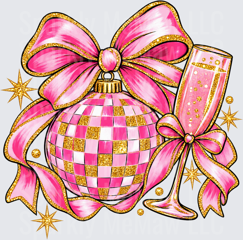 Pink Gold Disco Ball Bow Champagne DTF Transfer for Fabrics