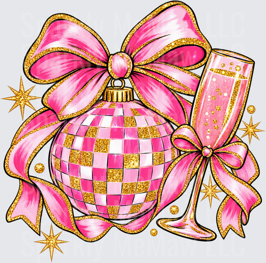 Pink Gold Disco Ball Bow Champagne DTF Transfer for Fabrics