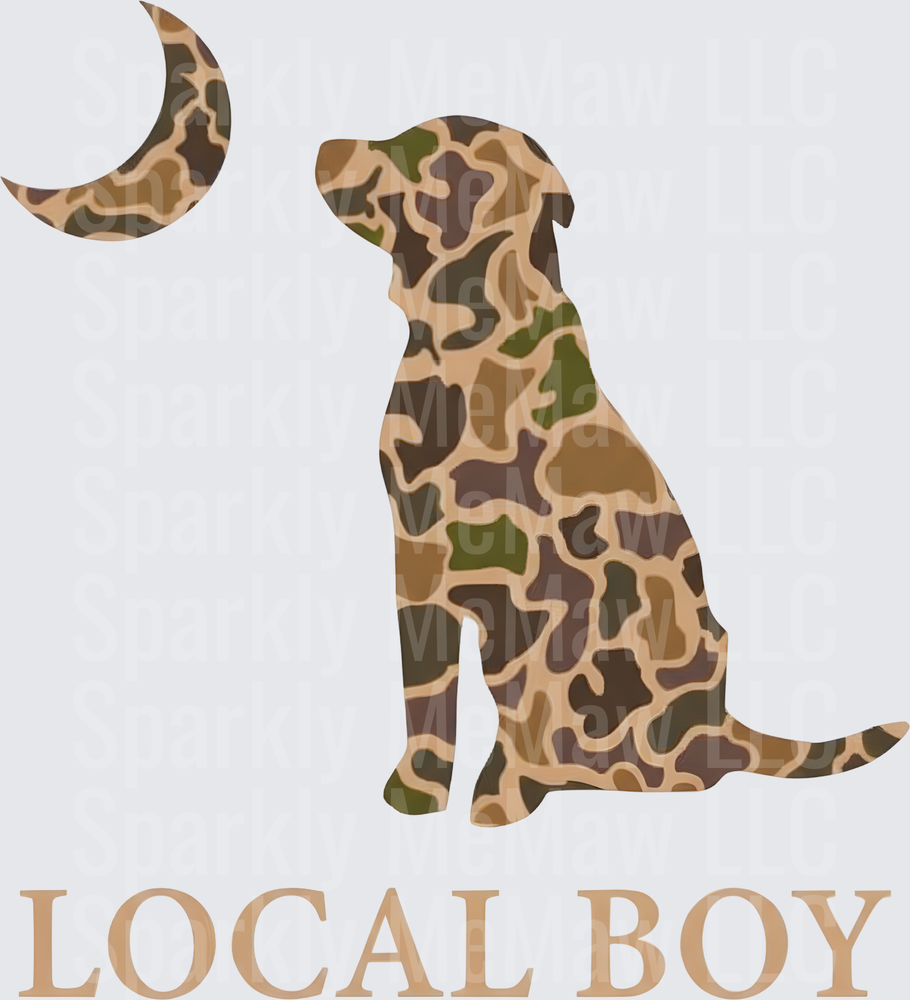 Camo Labrador Sitting with Crescent Moon Local Boy uv dtf decal