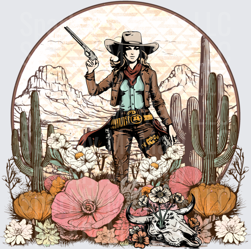 Cowgirl Gunslinger in Desert Landscape with Wildflowers and Cacti UV DTF Decal