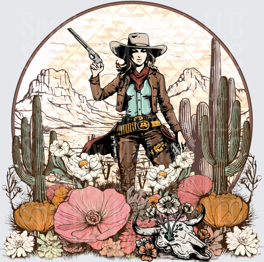 Cowgirl Gunslinger in Desert Landscape with Wildflowers and Cacti UV DTF Decal