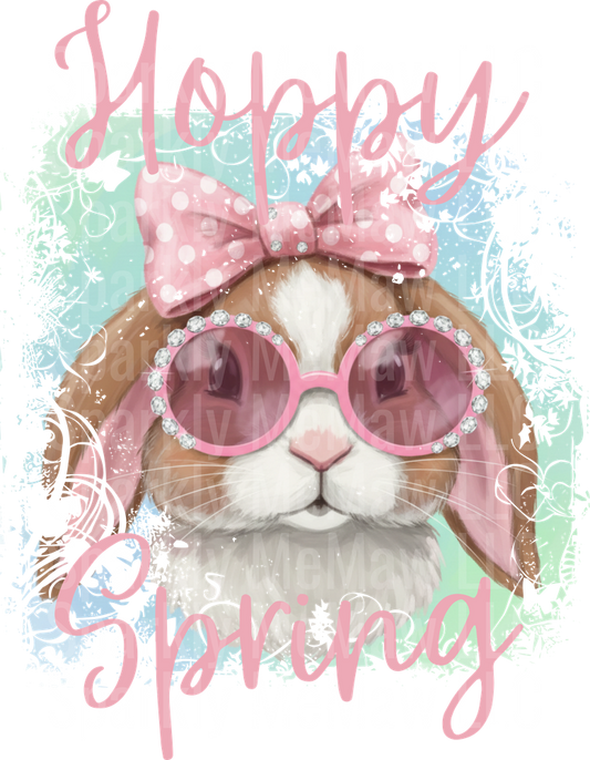 Happy Spring Bunny with Pink Sunglasses and Polka Dot Bow UV DTF Decal