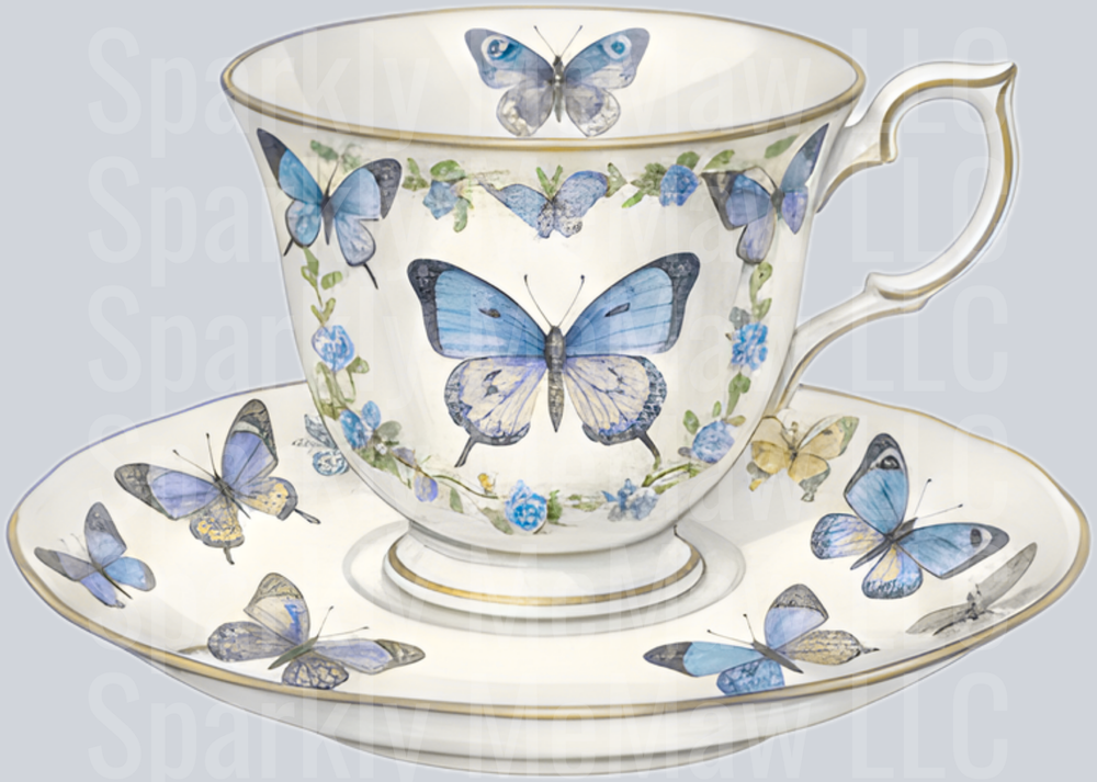 Blue Butterfly Teacup and Saucer with Floral Design UV DTF Decal