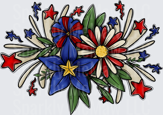 Patriotic Red White Blue Floral Bouquet with Stars UV DTF Decal