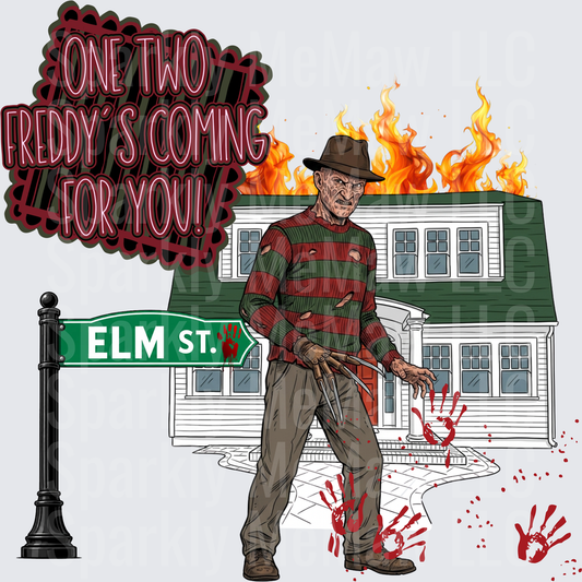 Freddy Krueger One Two Freddy's Coming For You Elm Street Burning House Bloody Handprints Horror DTF Transfer for Fabrics