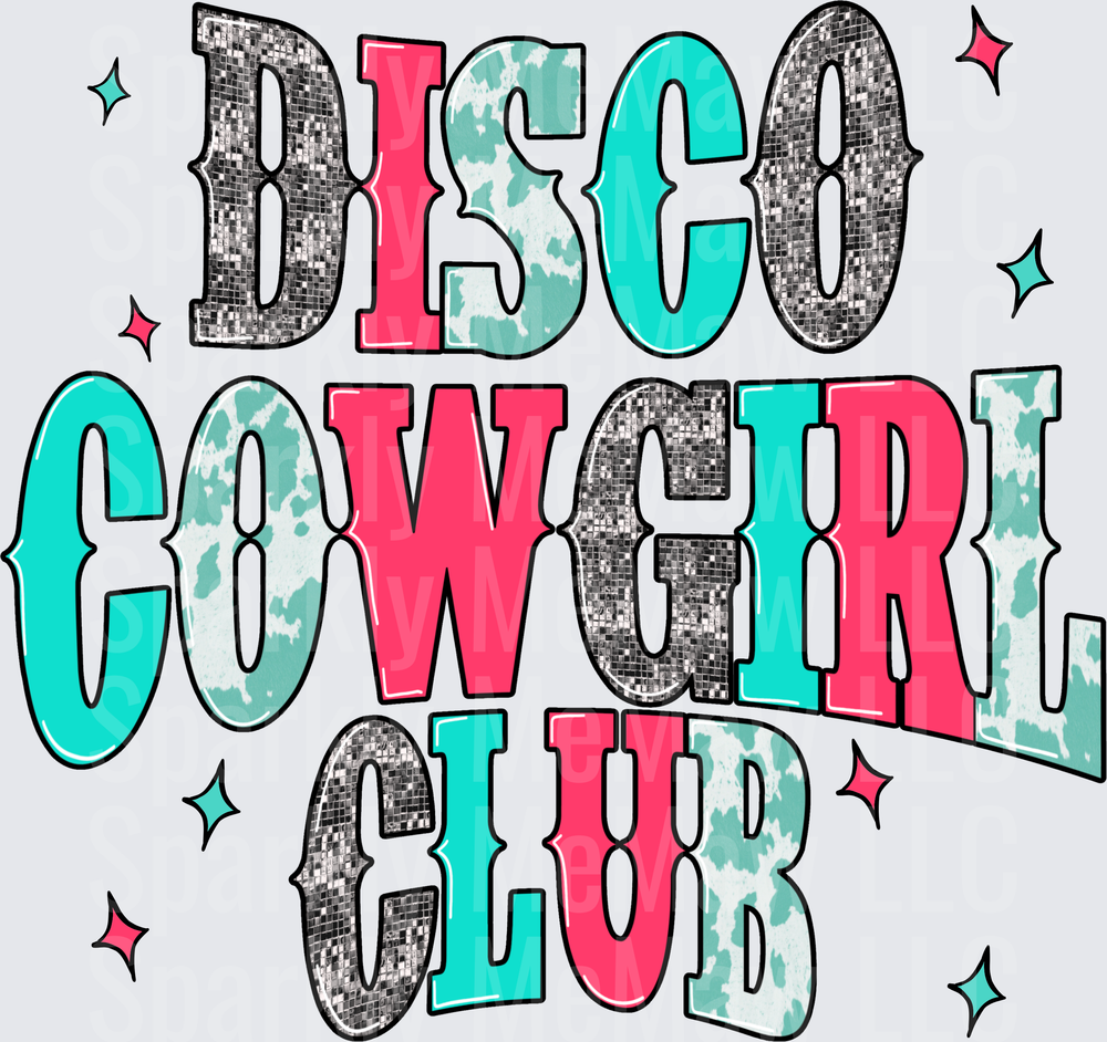 Disco Cowgirl Club Retro Text with Stars UV DTF Decal