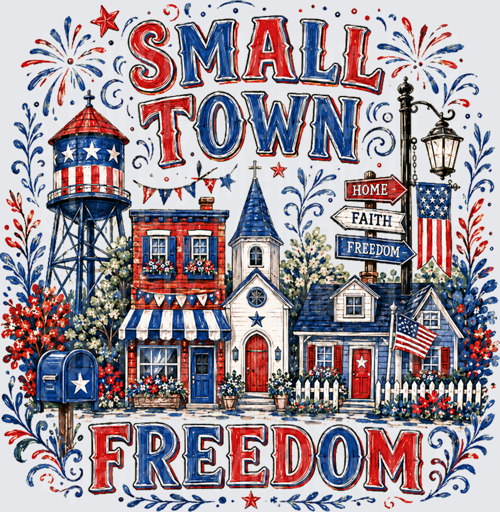 Small Town Freedom Patriotic Village with Water Tower and Fireworks UV DTF Decal