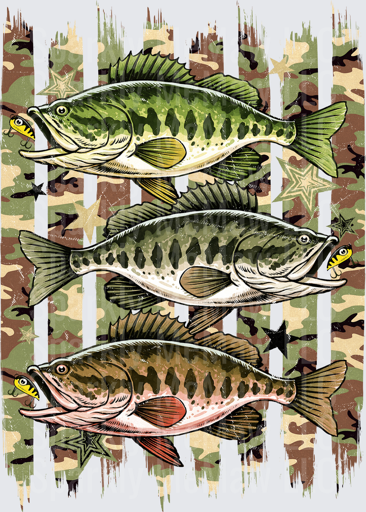 Three Bass Fish with Yellow Lures on Distressed Camouflage American Flag UV DTF Decal