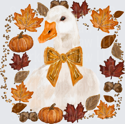 White Goose with Gold Bow Autumn Fall Leaves Pumpkins Acorns DTF Transfer for Fabrics