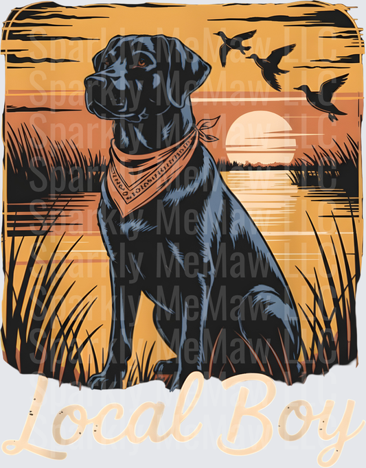 Local Boy Black Lab Bandana Sunset Duck Hunting Scene uv dtf decal