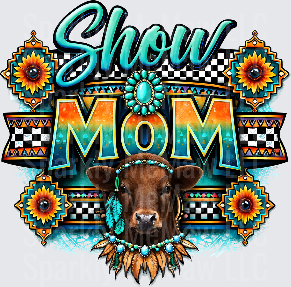 Show Mom Native American Cow with Turquoise Jewelry and Tribal Sunflower Pattern UV DTF Decal