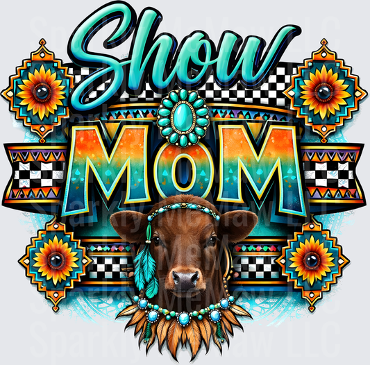 Show Mom Native American Cow with Turquoise Jewelry and Tribal Sunflower Pattern UV DTF Decal