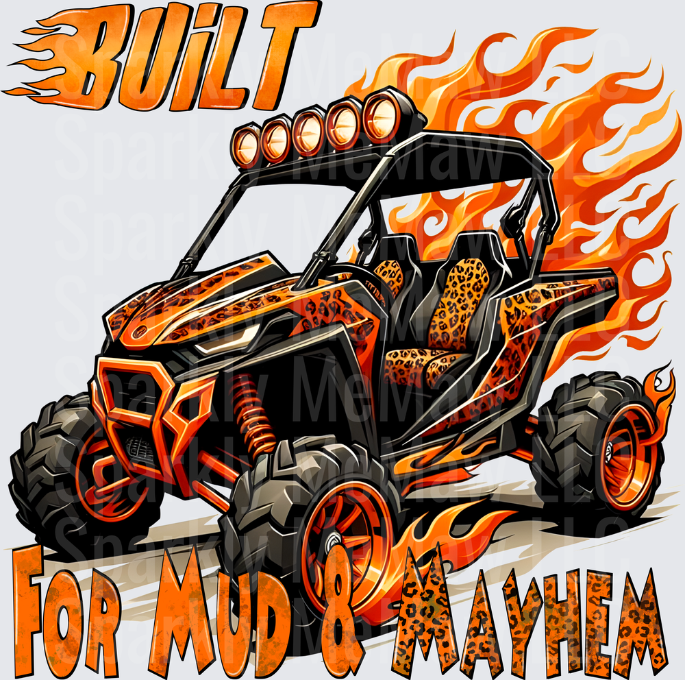 Built for Mud and Mayhem Off-Road UTV with Flames and Leopard Print Seats UV DTF Decal