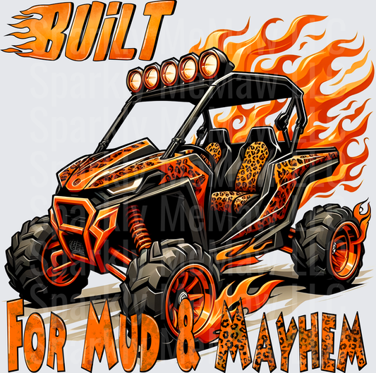 Built for Mud and Mayhem Off-Road UTV with Flames and Leopard Print Seats UV DTF Decal