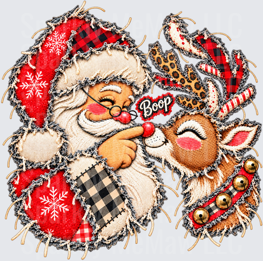 Patchwork Santa Booping Rudolph's Nose is a DTF Transfer for Fabrics