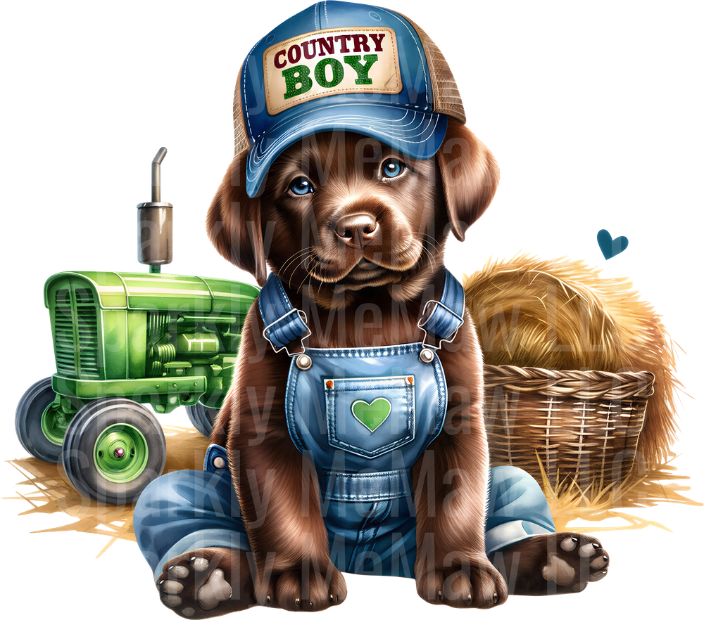 Country Boy Puppy in Overalls with Green Tractor and Hay Bales Uv DTF Decal
