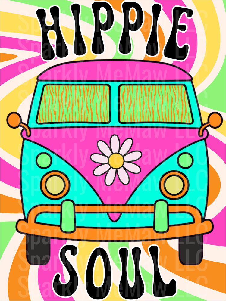 Hippie Soul Retro Van with Daisy Flower Psychedelic Swirl Background UV DTF Decal