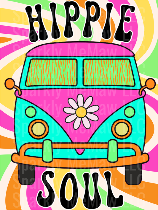 Hippie Soul Retro Van with Daisy Flower Psychedelic Swirl Background UV DTF Decal