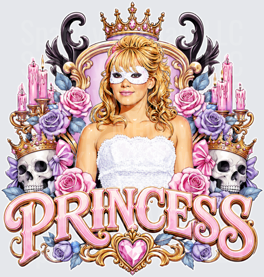 Gothic Princess Masked Blonde with Skulls Crowns Roses and Candelabras DTF Transfer for fabrics