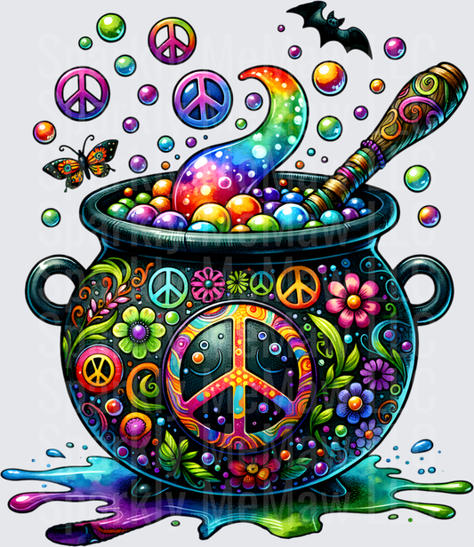 Psychedelic Hippie Peace Sign Cauldron with Rainbow Bubbles and Butterfly DTF Transfer for Fabric