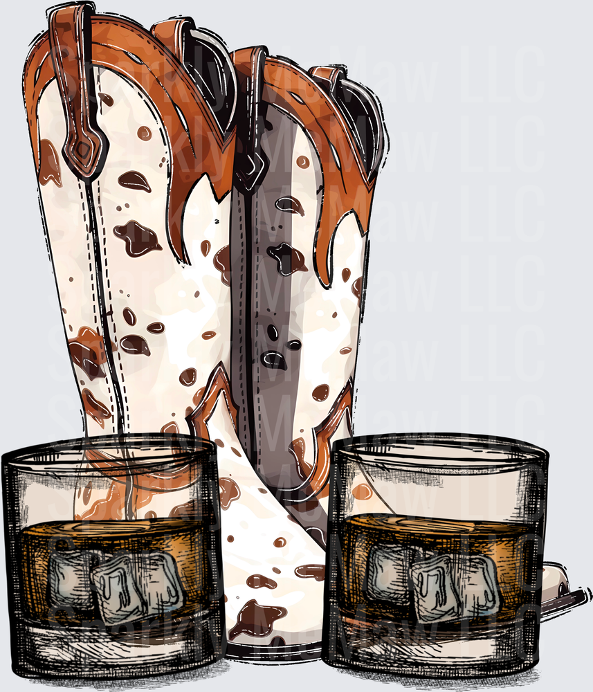 Vintage Cowboy Boots with Whiskey Glasses and Ice Cubes UV DTF Decal