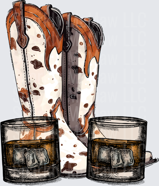 Vintage Cowboy Boots with Whiskey Glasses and Ice Cubes UV DTF Decal