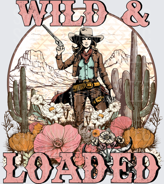 Wild & Loaded Cowgirl with Desert Cactus and Pink Flowers UV DTF Decal