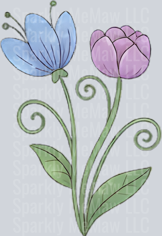 Whimsical Blue and Purple Flowers with Curly Green Stems UV DTF Decal