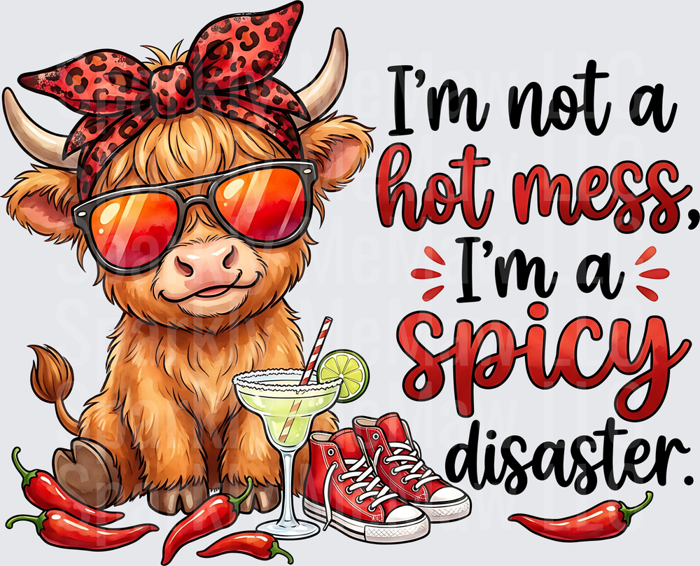 Highland Cow with Leopard Bandana Sunglasses Margarita I'm Not a Hot Mess I'm a Spicy Disaster UV DTF Decal