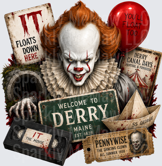 Pennywise IT Horror Collage Welcome to Derry Maine You'll Float Too Red Balloon SS Georgie Paper Boat Sewer Drain VHS Tape DTF Transfer for fabrics