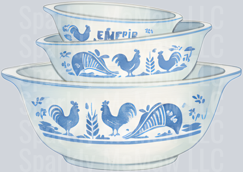 Vintage Blue and White Pyrex Rooster Pattern Mixing Bowls UV DTF Decal
