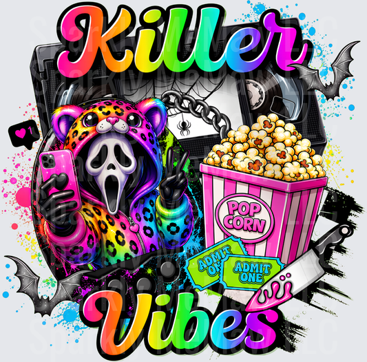 Killer Vibes Ghostface Scream Mask Rainbow Leopard Selfie Horror Movie Night Popcorn VHS Bats DTF Transfer for Fabrics