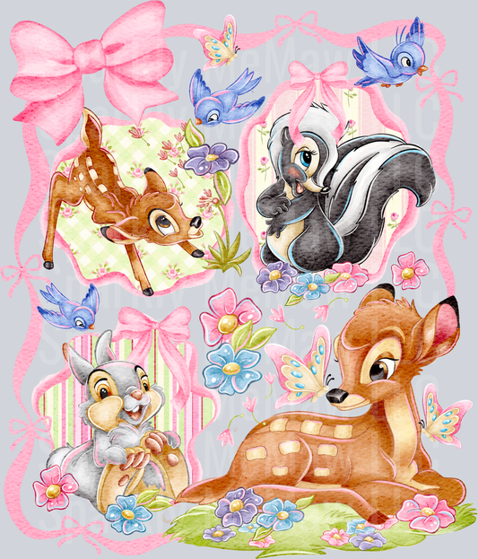 Bambi and Friends Watercolor Forest Animals with Pink Bows and Flowers UV DTF Decal
