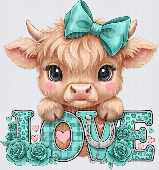 Adorable Highland Cow with Teal Bow and Love Text with Roses
