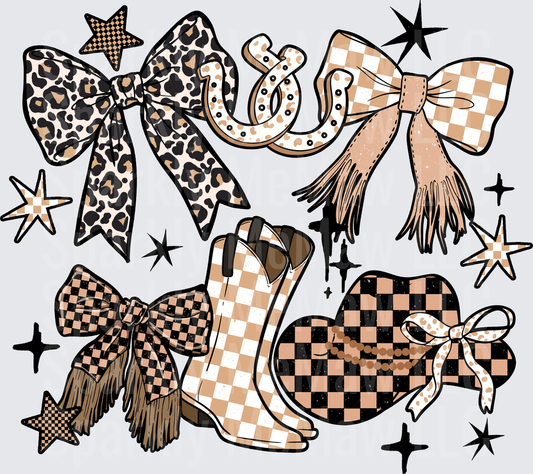 Retro Western Cowgirl Boots Bows Leopard Print Checkered Pattern Stars