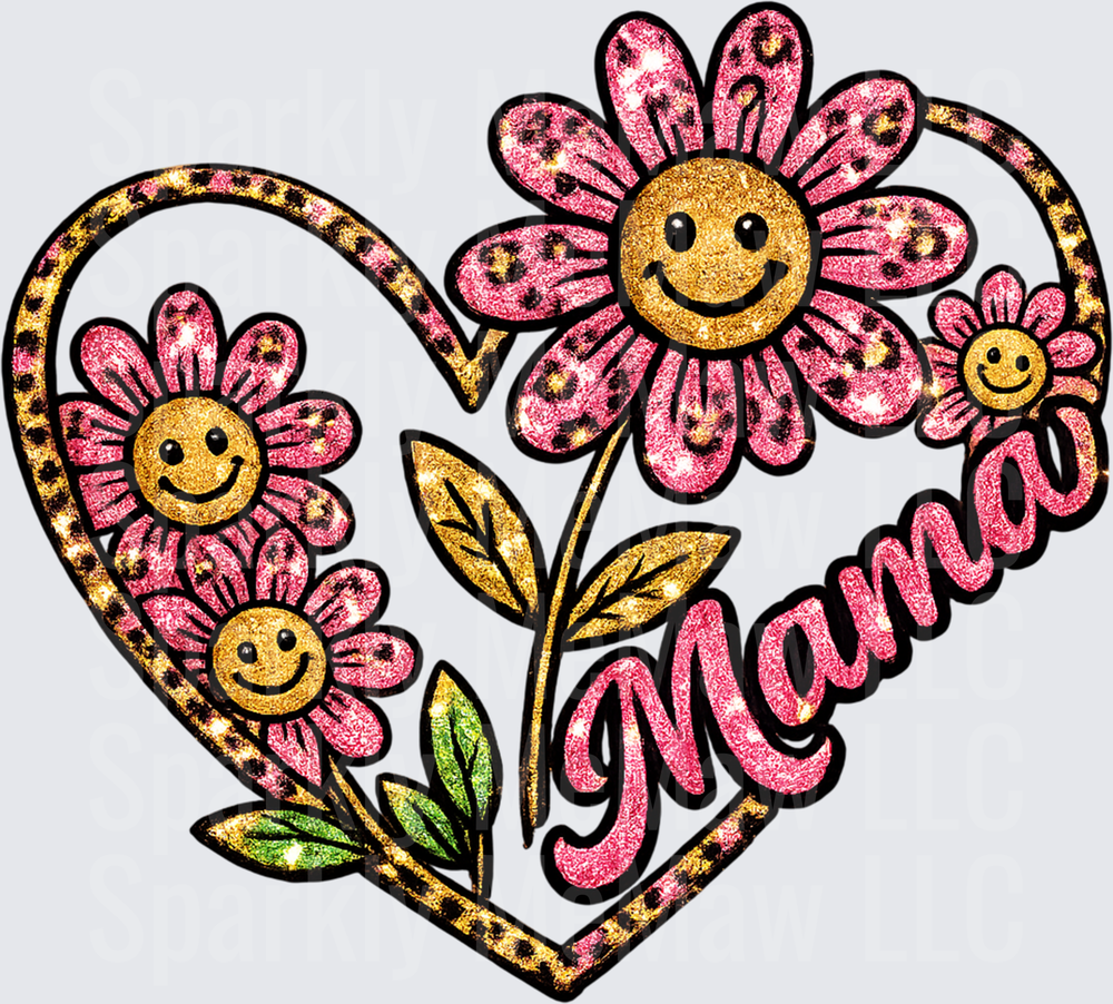 Mama Heart with Pink Leopard Print Smiley Face Daisies UV DTF Decal
