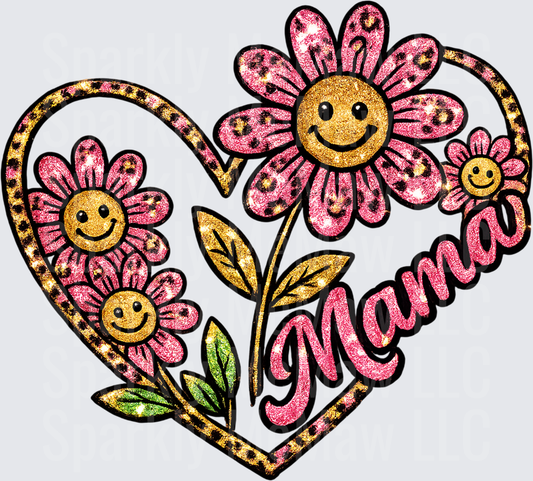 Mama Heart with Pink Leopard Print Smiley Face Daisies UV DTF Decal