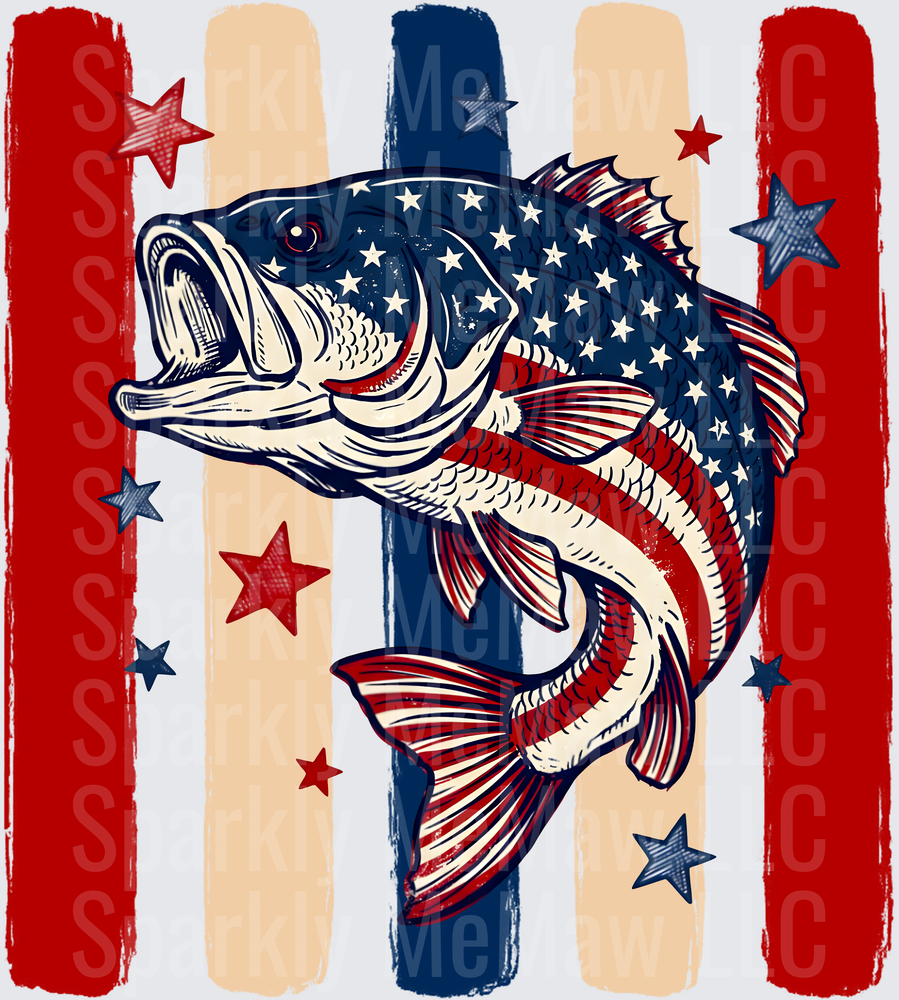 Patriotic Bass Fish with American Flag Stars and Stripes Design UV DTF Decal