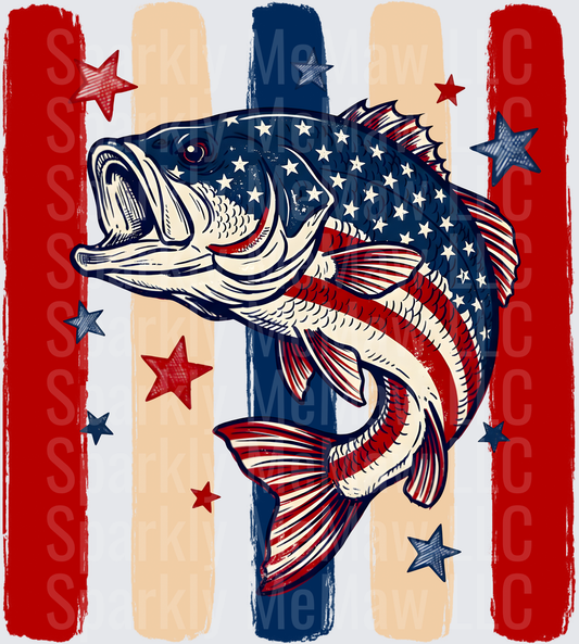Patriotic Bass Fish with American Flag Stars and Stripes Design UV DTF Decal