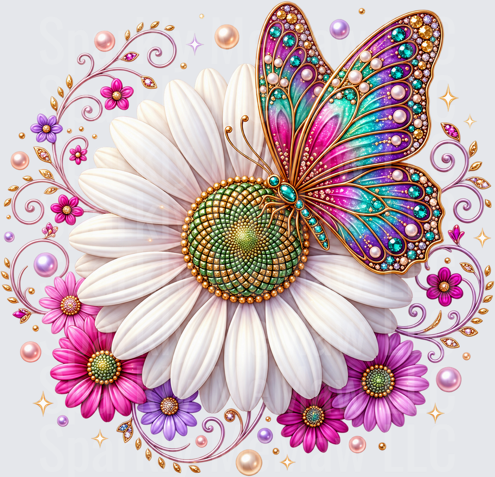 Jeweled Butterfly Daisy Floral UV DTF Decal