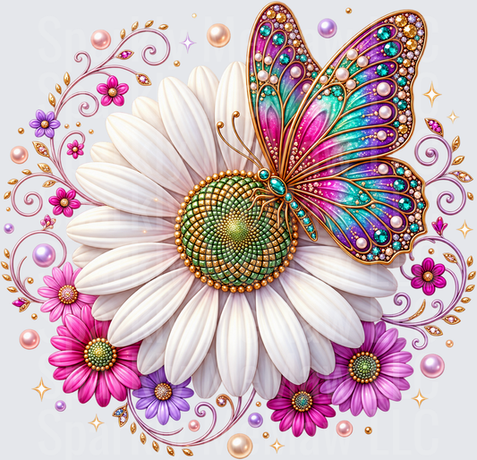 Jeweled Butterfly Daisy Floral UV DTF Decal